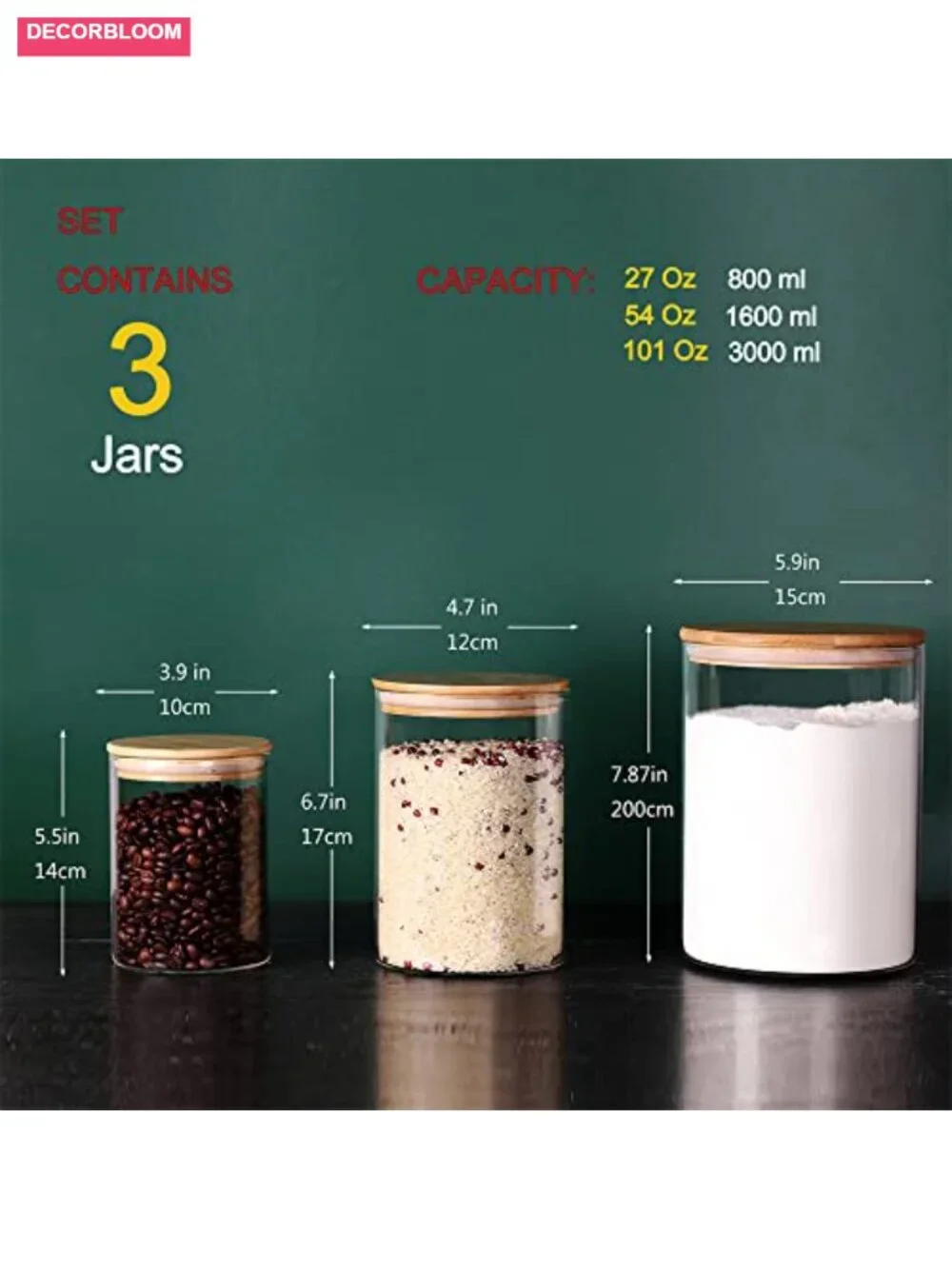 Set of 3 Glass Flour Sugar Containers with Airtight Bamboo Lids